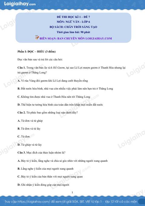 Đề thi học kì 1 Văn 6 Chân trời sáng tạo - Đề số 7